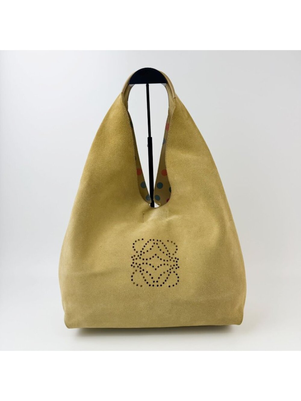 Loewe Anagram Perforated Dot Shoulder Bag Tote Suede Leather Mustard Multicolor